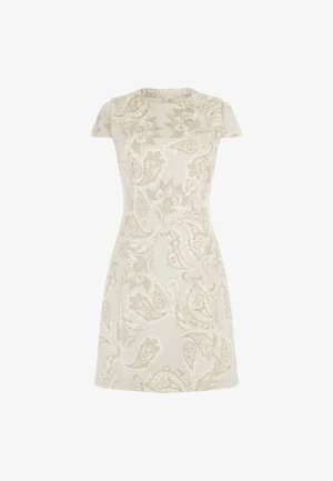 Kurzes Kleid mit kurzen Ärmeln in hellem Creme mit filigranem Paisleymuster in gedämpftem Grün und Beige, das eine taillierte Silhouette und einen runden Halsausschnitt aufweist.