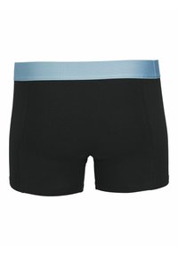 Zwarte boxershorts met een lichtblauwe elastische tailleband. Heeft een gladde textuur en een fitted ontwerp voor comfort.