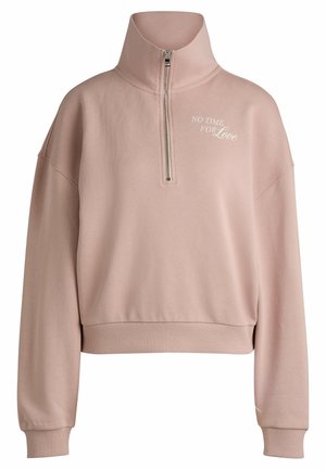 Pink sweatshirt with a high collar, half-zip closure, and ribbed cuffs. Features the text "NO TIME FOR Love" in white embroidery.