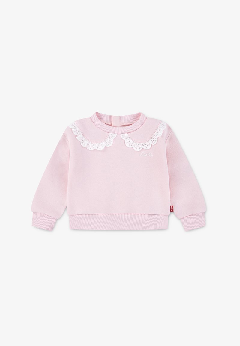Sweatshirt rosa com mangas longas, punhos canelados e um colarinho decorativo de renda branca. Apresenta um logo bordado na parte da frente.