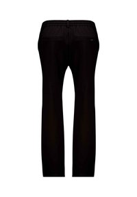 Zwarte broek met een rechte pijp. Voorzien van twee achterzakken en een elastische tailleband voor comfort. Gladde stoftextuur.