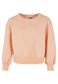 Felpa color pesca realizzata in morbido misto cotone, con scollo rotondo, polsini a costine e un design cropped con maniche leggermente a sbuffo.