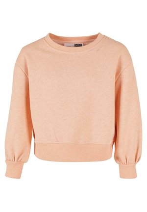 Peachfarget sweatshirt laget av myk bomullsblanding, med rund hals, ribbestrikkede mansjetter og en cropped design med litt puffermer.