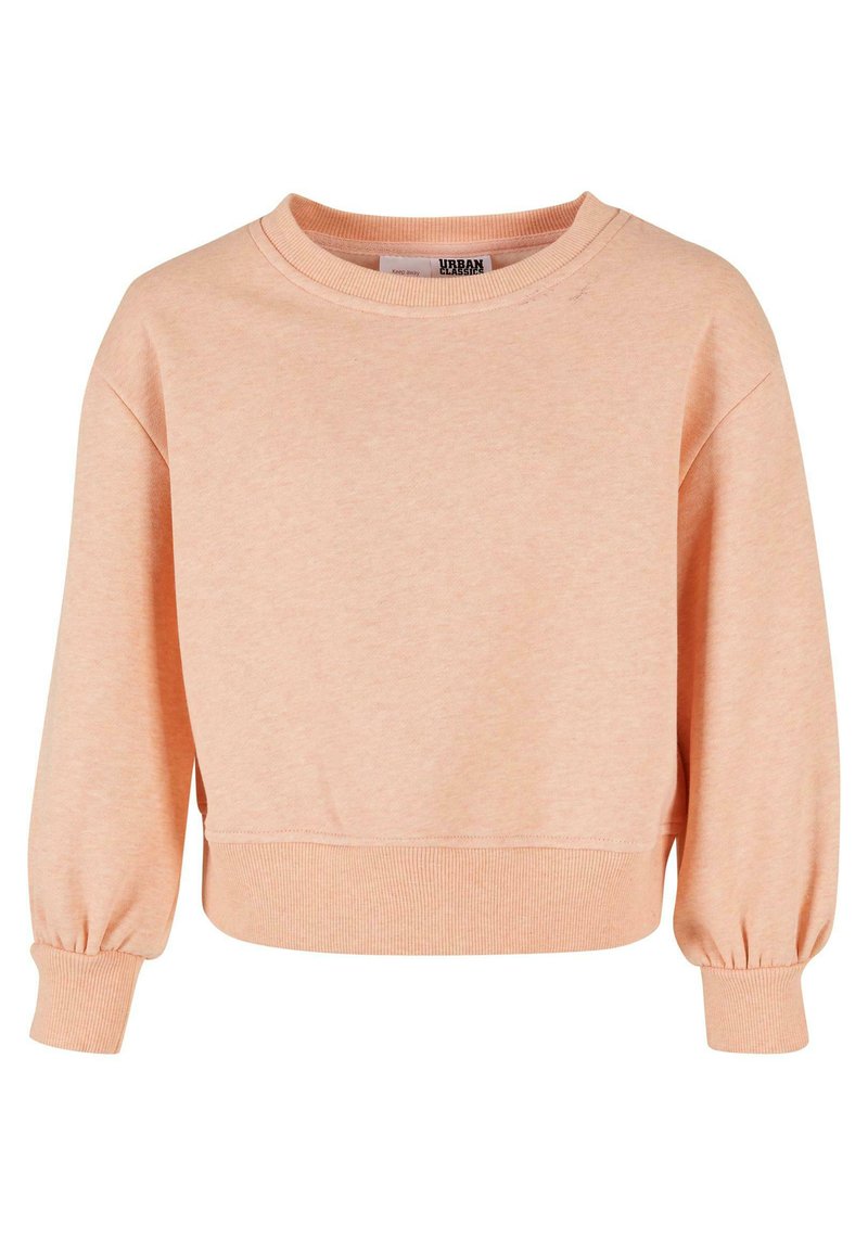 Felpa color pesca realizzata in morbido misto cotone, con scollo rotondo, polsini a costine e un design cropped con maniche leggermente a sbuffo.
