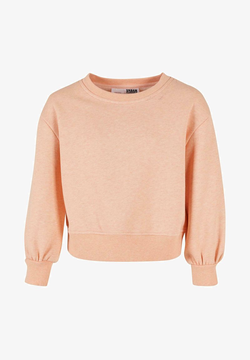 Barack színű, puha pamut keverékből készült pulóver, kerek nyakkivágással, bordás mandzsettával és enyhén puffadt ujjal ellátott, rövidített fazonban.