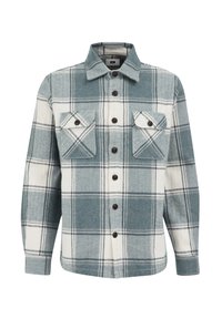 Camicia a quadri in flanella teal e bianca. Presenta due tasche sul petto, chiusura con bottoni e colletto classico. Tessuto testurizzato con motivo a scacchi.