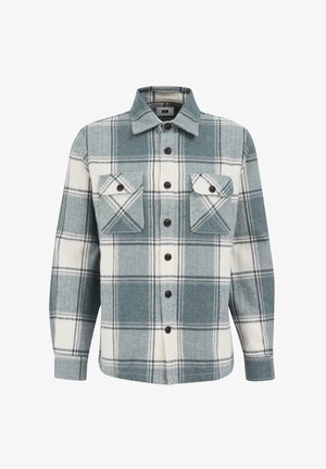 Rutet skjorte i teal og hvid flannel. Har to brystlommer, knaplukning og en klassisk krave. Tekstureret stof med et ternet mønster.