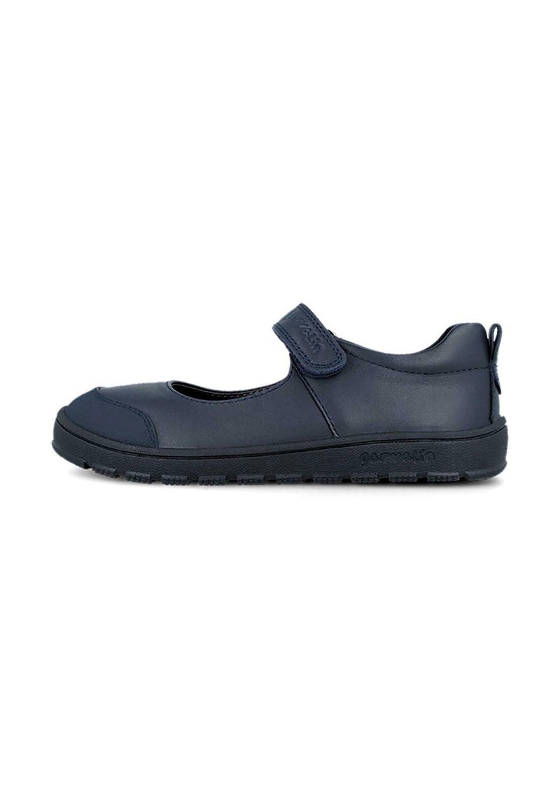 Zapato Mary Jane azul marino con correa ajustable, suela de goma negra, punta redondeada y lengüeta en el talón.