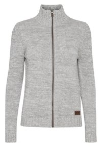 Maglione zip-up grigio chiaro a maglia con colletto alto, motivo testurizzato, polsini a coste e una toppa in pelle marrone con il marchio sul lato sinistro in basso.