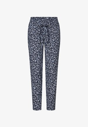 Pantalons bleu marine avec un motif de feuilles, en tissu léger, taille élastique et cordon de serrage ajustable pour le confort.