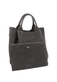 Dark gray suede handbag with rounded leather handles and a matching detachable zippered pouch labeled "abro" in front.