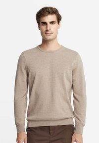 Tan långärmad tröja i mjukt stickat material med rundad halsringning och ribbade ärmslut och nederkant. Slät textur, minimal detaljering, figurnära design.