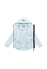 hele sinine kapuutsiga jakk esise tõmblukuga, musta küljetõmbluku detail, sisemine tasku ja kaeluse taga siseküljel brändimärgiga silt.