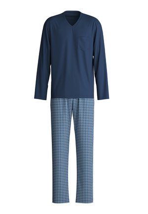 Marineblauwe langelijf V-hals top met een borstzakje en gestreepte blauwe pyjamabroek met een geometrisch ontwerp in lichter blauw.