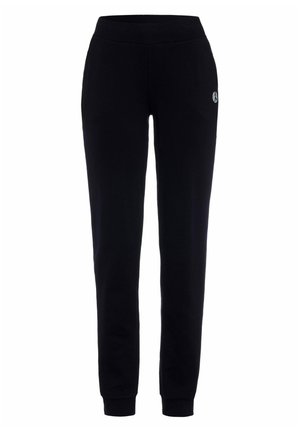 Schwarze Sweatpants aus weichem Stoff, mit einem Kordelzugbund, zwei seitlichen Taschen und gerippten Knöchelabschlüssen. Logodetail auf der Hüfte.
