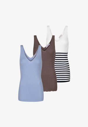 Kolm tank topi: helesinine, pruun ja valge triibuline. Ribakujuline tekstuur ja V-kaelus. Omab erinevaid mustreid ja ühevärvilisi toone.