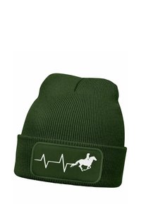 Green knit beanie with ribbed texture; features a white heartbeat line and a horse-and-rider graphic on a rectangular patch.