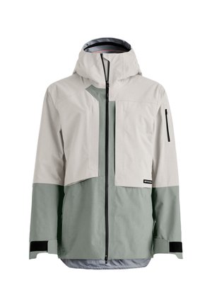 Lightweight, hooded jacket features a two-tone design in beige and green, with a front zip, multiple pockets, and adjustable cuffs.