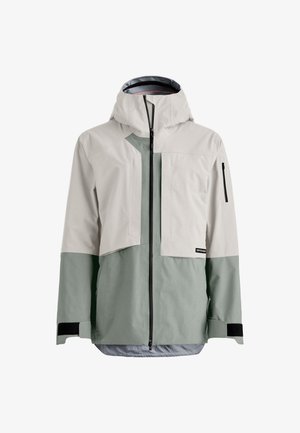 Lightweight, hooded jacket features a two-tone design in beige and green, with a front zip, multiple pockets, and adjustable cuffs.