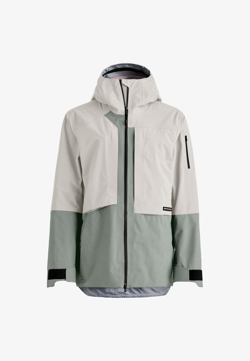 Lightweight, hooded jacket features a two-tone design in beige and green, with a front zip, multiple pockets, and adjustable cuffs.