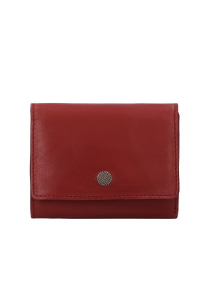 Kompakte braune Lederbrieftasche mit Metall-Druckknopfverschluss und sichtbaren Nähten an den Rändern.