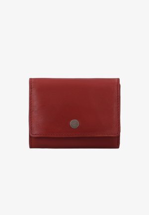 Kompakte braune Lederbrieftasche mit Metall-Druckknopfverschluss und sichtbaren Nähten an den Rändern.