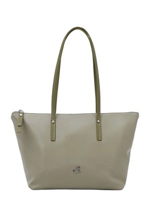 Beżowa torba na ramię z długimi oliwkowymi ramiączkami, zamknięciem na zamek i małym srebrnym logo na przedniej stronie, zaprojektowana do codziennego użytku.