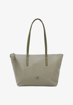 Beige draagtas met lange olijfgroene hengsels, ritssluiting en een klein zilveren logo aan de voorkant, ontworpen voor dagelijks gebruik.