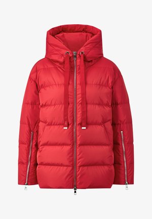 Jachetă puf red cu glugă, cu un design matlasat, două fermoare laterale și șnururi ajustabile. Material neted, rezistent la apă.