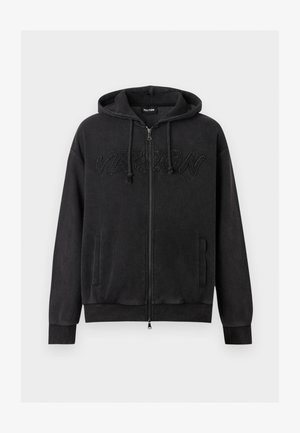 Fekete cipzáras kapucnis pulóver első zsebekkel és húzózsinóros kapucnival, texturált "VISION" hímzéssel a mellkasnál.