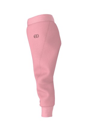 Lyserøde fleecetræningsbukser med ribkanter ved anklerne og et lille sort broderet motiv af to smilende ansigter på den øverste del af låret.