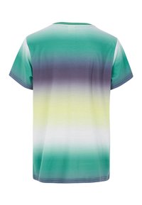 T-shirt à manches courtes avec un design en dégradé allant du vert au violet, jaune, blanc, puis de nouveau vert au dos.