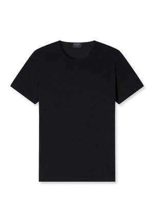 Prosty czarny T-shirt z krótkim rękawem i okrągłym dekoltem, ułożony na płasko, pokazujący przednią stronę i metkę wewnątrz kołnierza.