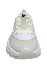 Lightweight sneaker featuring a white mesh upper, gray rubber accents, and a flat sole. Lacing system and elastic strap for secure fit.
