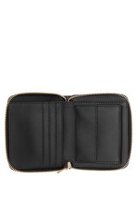 Black leather wallet with a zip closure. Interior features multiple card slots and a clear ID window. Smooth texture with gold-tone hardware.