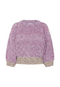 Paksu neulepaita, jossa on pitkät puff-hihat, vaaleanpunaisesta ja violetista sekoitetusta langasta, sekä beige röyhelökaulus ja helma.