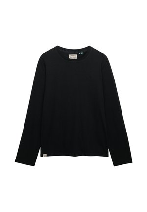 Maglietta nera a maniche lunghe con scollo rotondo, piccolo logo frontale e etichetta del marchio sull'orlo inferiore, mostrata su sfondo bianco.