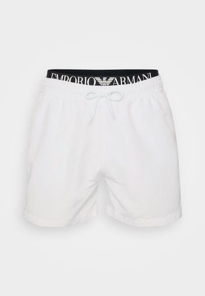 Λευκά μαγιό με ελαστική μαύρη ζώνη που φέρει το λογότυπο "EMPORIO ARMANI", κλείσιμο με κορδόνι και λεία υφή υφάσματος.