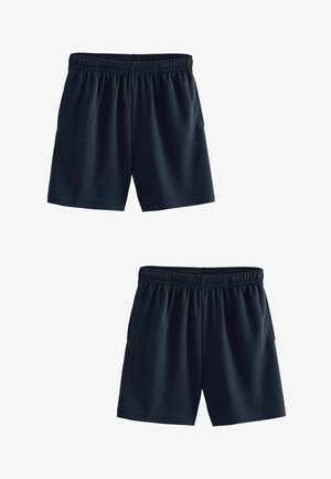 Marineblauwe sportshorts met een elastische tailleband, voorzien van een ademende meshstructuur en twee zijzakken, weergegeven in twee weergaven.