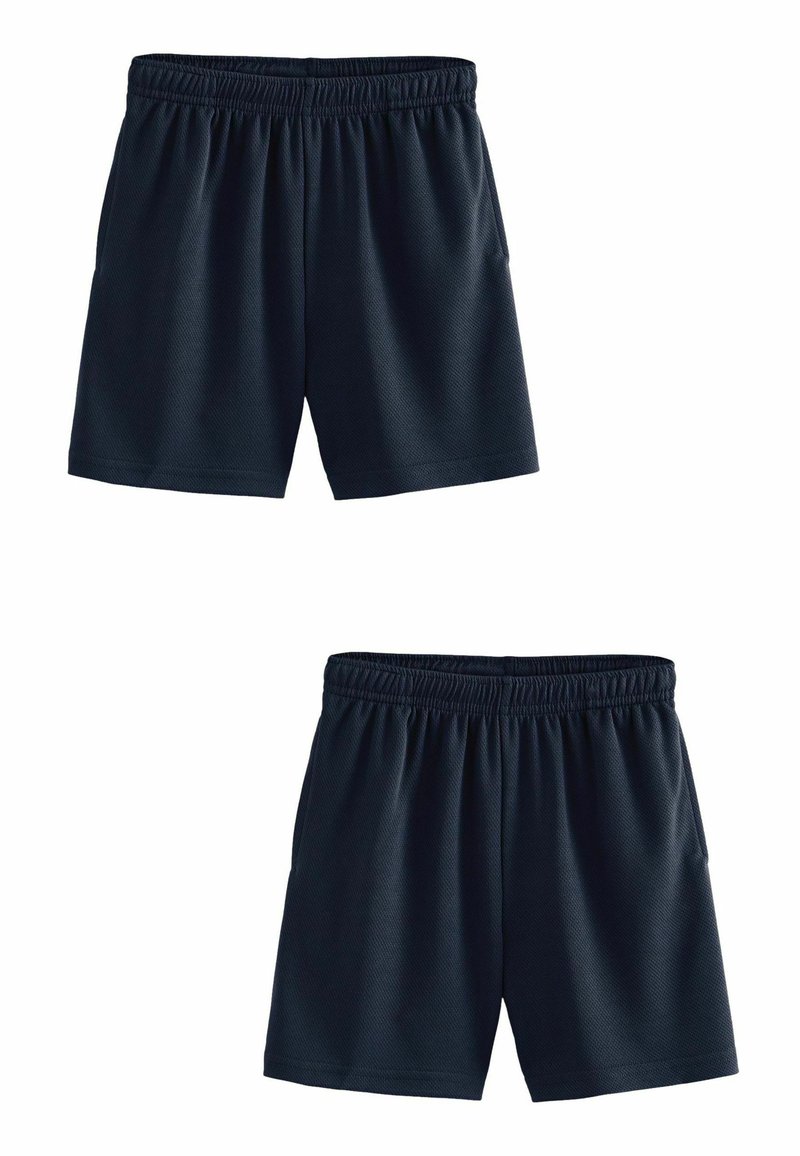 Marineblaue Sportshorts mit elastischem Bund, ausgestattet mit einem atmungsaktiven Mesh-Material und zwei Seitentaschen, aus zwei Perspektiven präsentiert.