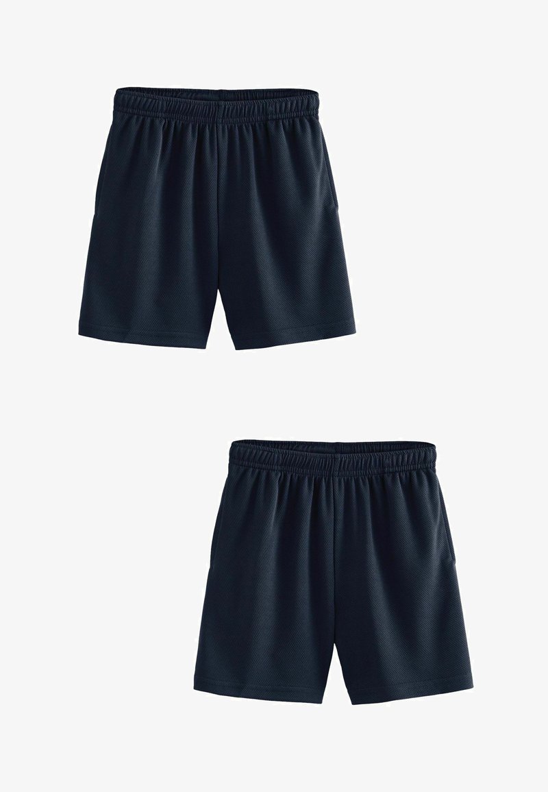 Morske modre športne kratke hlače z elastičnim pasom, ki imajo zračno mrežno teksturo in dva stranska žepa, prikazane v dveh pogledih.