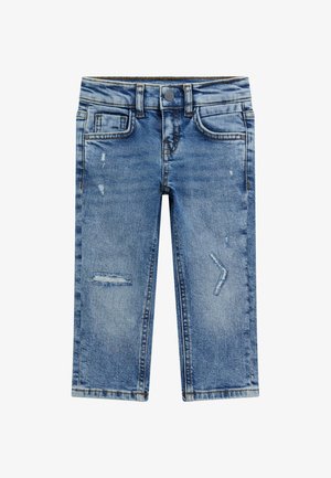 Jeans in denim blu chiaro con dettagli strappati, inclusi strappi e macchie sbiadite. Design classico a cinque tasche e chiusura con bottone in metallo.