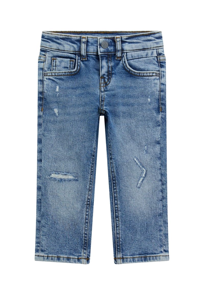 Ljust blå denimjeans med slitna detaljer, inklusive revor och urblekta lappar. Klassisk femficksdesign och metallknappsstängning.