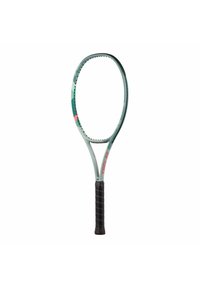 Tennisracket met een mintgroen frame, zwarte textuurgrip en rode en teal accenten. Beschikt over een ovale kop en een open snaarpatroon.