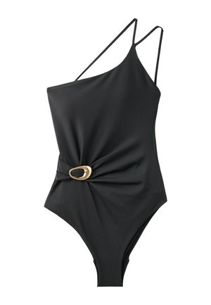 Costume da bagno nero monospalla con spalline sottili e dettaglio con fibbia ovale dorata sul fianco arricciato.