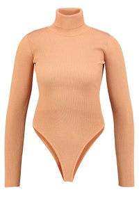 Body a costine di un delicato colore pesca, con colletto alto, maniche lunghe e parte inferiore a scollatura bassa, realizzato in un tessuto a maglia elastica.