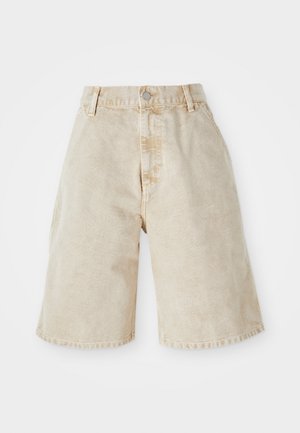 Beige denim shorts with a high waist, button closure, and front pockets. Features a casual, loose fit and slightly frayed hem edges.