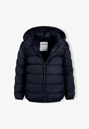 Doudoune bleu marine avec capuche, dotée d'une fermeture éclair et d'une texture matelassée. Réalisée en matériau léger et brillant. Convient pour les temps froids.