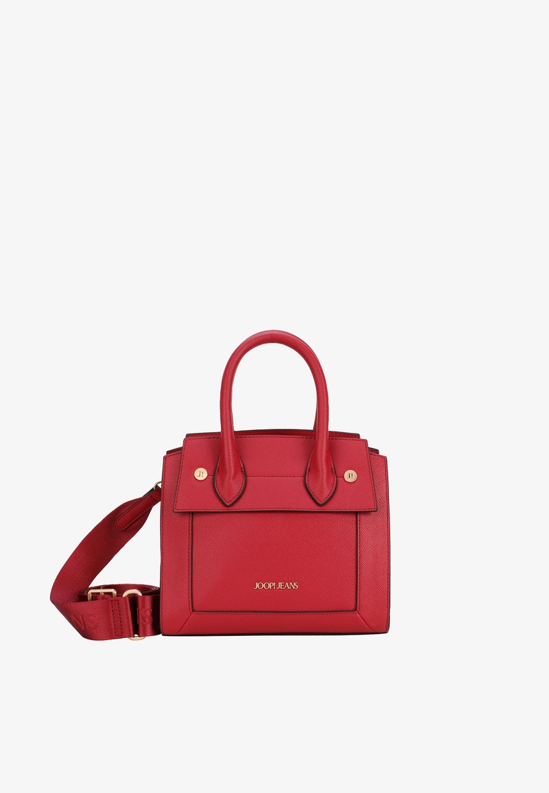 Borsa a mano in pelle rossa con manici doppi e tracolla rimovibile. Presenta dettagli in metallo dorato e logo in rilievo sul davanti.