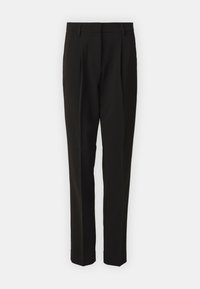 Pantalon noir ajusté avec une coupe droite, doté d'un devant plissé, de passants de ceinture et d'une texture de tissu lisse.